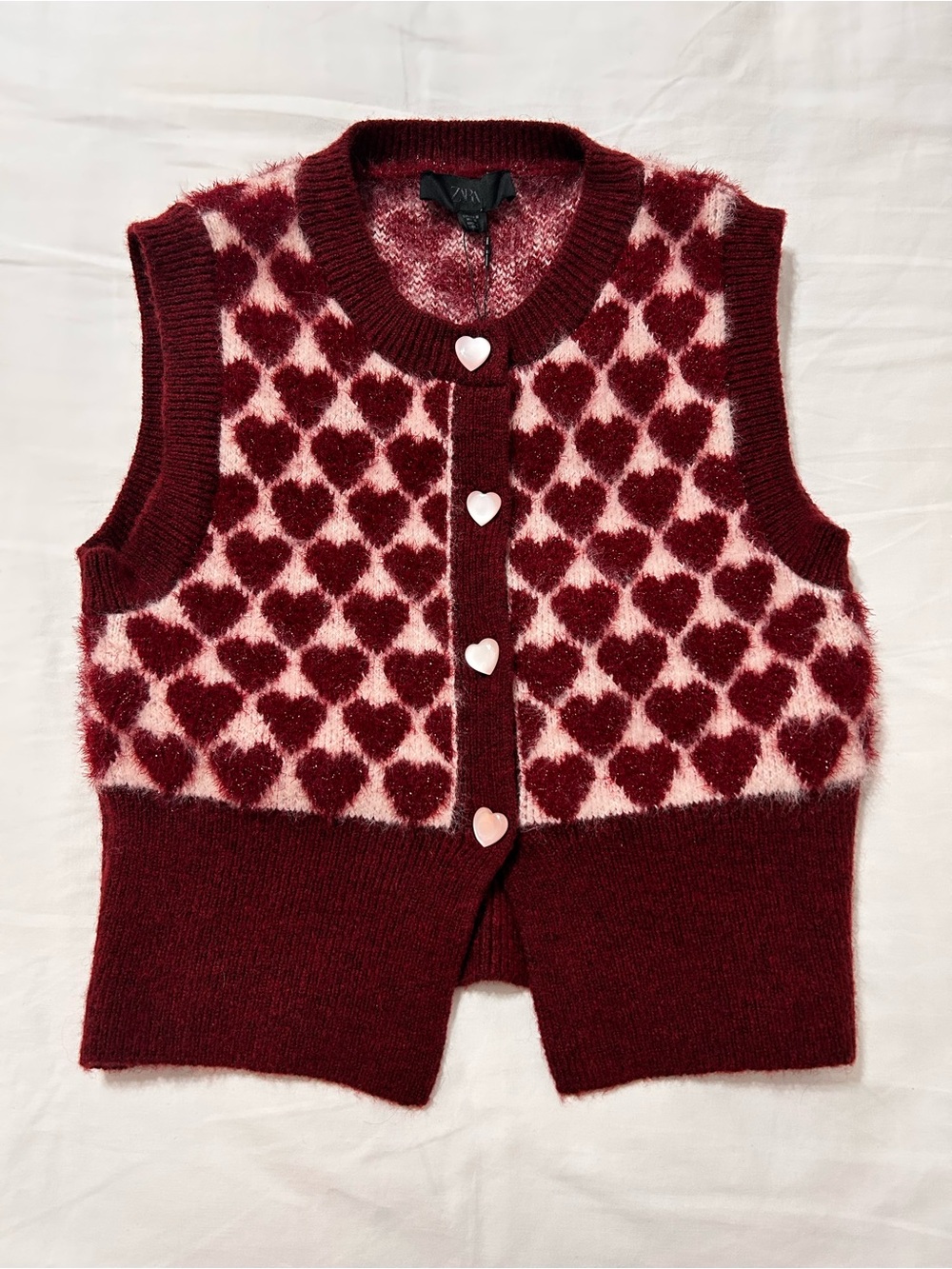Zara Burgundy and Pink Heart-Pattern Sleeveless Knit Vest